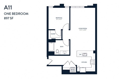 Floor plan for 1 bed, 1 bath, 897 sqft